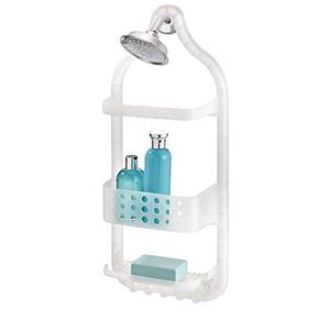 lot 64163 image: iDesign Circlz Plastic Hanging Shower Caddy, Extra Space for Shampoo, Conditioner, and Soap. Room for Razors, Towels, Loofahs, and More, 5 x 10.6 x 26, Frost White. Used