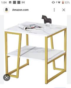 lot 64191 image: WOHOMO Side Table, Industrial End Table with 2 Tier Shelves, Nightstand Bedside Table for Living Room Bedroom with Abstract T Diagonal Base, Gold Base