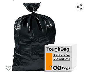 lot 64218 image: ToughBag 55 Gallon Trash Bags, Large 55-60 Gallon Industrial Trash Bags, Black Garbage Bags, 38 x 58 (100 COUNT)