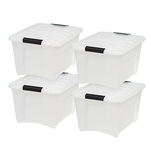 lot 64237 image: IRIS USA 32 Qt. Plastic Storage Bin Tote Organizing Container with Durable Lid and Secure Latching Buckles, 4 Pack, Stackable and Nestable, Pearl with Black Buckle, cracked lid