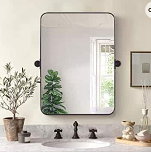 lot 64273 image: MOON MIRROR 24x36 Matte Black Pivot Mirror for Bathroom, Metal Frame Bathroom Mirrors for Wall��Rectangle Titling Vanity Wall Mirror with Rounded Corner Hangs Vertical(Overall 27.75 x 36)