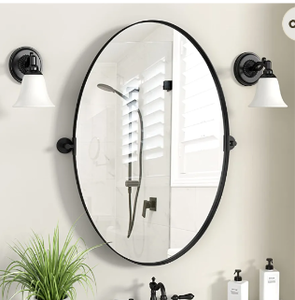 lot 64284 image: HMANGE Pivot Bathroom Mirror 18 x 28 Inch Matte Black Metal Frame Oval Mirror for Bathroom Tilting Vanity Wall Mirror