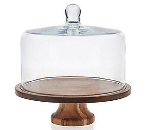 lot 66970 image: Libbey Acaciawood Footed Round Wood Server Cake Stand with Glass Dome, broken plate