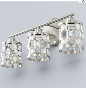lot 67027 image: NDZMN 3-Light Bathroom Vanity Light, Brushed Nickel Vanity Light with Cylinder Crystal Shade. (Differs Slightly from Stock Photo) Used.