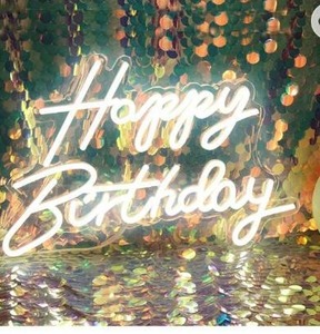 lot 67119 image: Neon Happy Birthday Sign Night Light Birthday Party Decorations White USB Operated Decorative for Backdrop Party Bedroom Wall. 3 Different Modes.