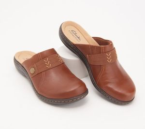 lot 67130 image: Clarks Collection Leather Slip-On Clogs - Mahogany, 8-12 Medium