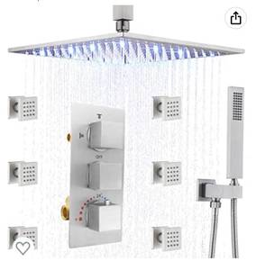 lot 67167 image: Homedec Thermostatic 16-Inch LED Ceiling Mount Rainfall Shower Head System with 6 Body Sprays with Brass Hand Shower, Brushed Nickel