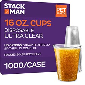 lot 67193 image: Stack Man 1000 Pack - 16 oz. Ultra-Clear PET Disposable Plastic Cups