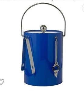 lot 67250 image: Hand Made In USA Blue Double Walled 5-Quart Insulated Ice Bucket With Ice Tongs & Bottle Opener