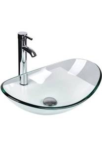 lot 67263 image: Boat Shape Bathroom Glass Vessel Sink with Chrome Faucet and Pop-up Drain