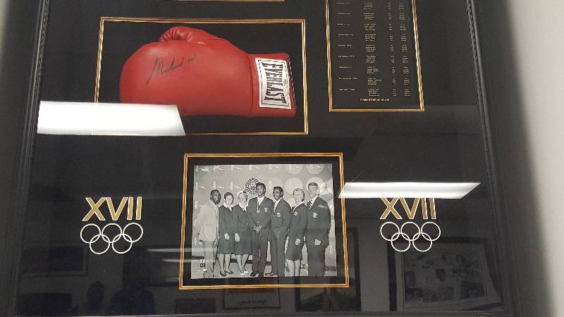 lot 2001 image: Muhammad Ali Signed Boxing Glove Autograph Olympic Collage 1960 Rome Ticket OA COA
