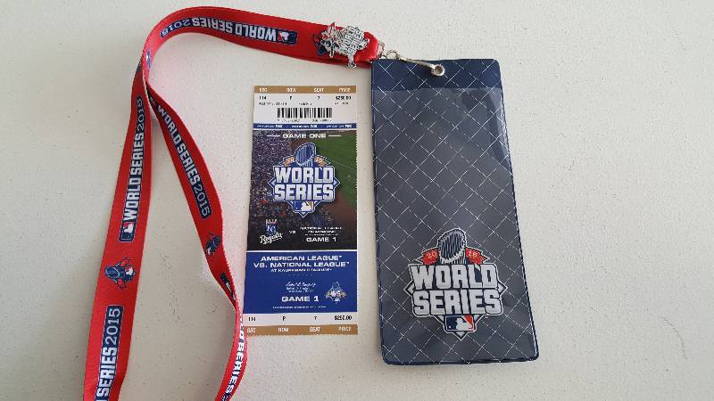 lot 2032 image: 2015 World Series Original Kansas City Royals Unused Ticket Game 1 w Lanyard & Pin