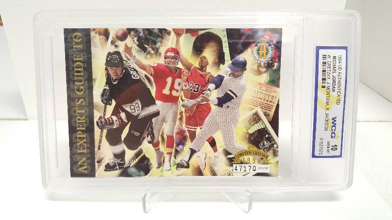 lot 2073 image: 1994 Upper Deck Authenticated Jumbo 3x5 Michael Jordan Graded 10 Card w Wayne Gretzky & Joe Montana