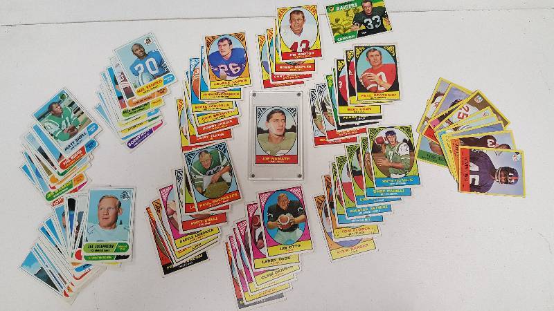 lot 2075 image: Vintage Topps & Philadelphia Football Card Lot 1967 & 1968 Joe Namath Damaged w writing