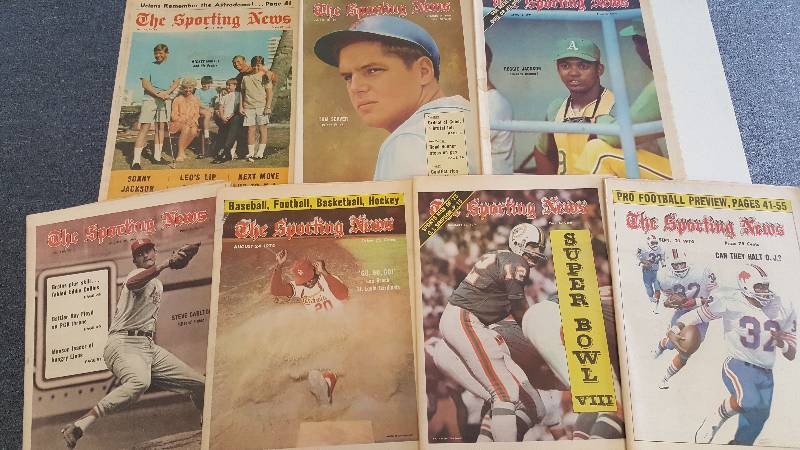 lot 2096 image: 7 Vintage Sporting News Magazines 1968-1974 Mickey Mantle Lou Brock OJ