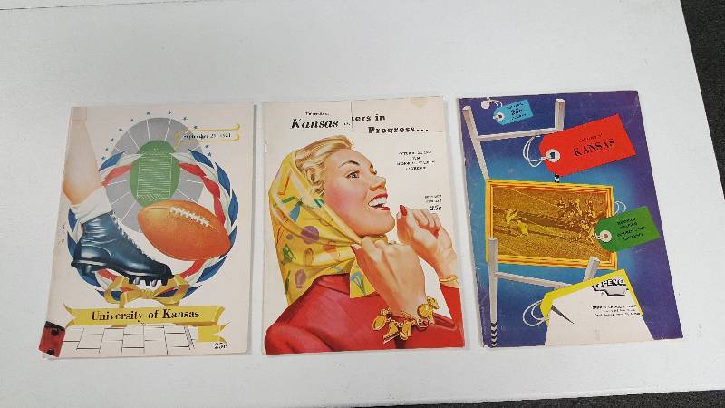 lot 2097 image: 3 Kansas University NCAA Original 1950s Football Programs KU Jayhawks Pop Warner Coach