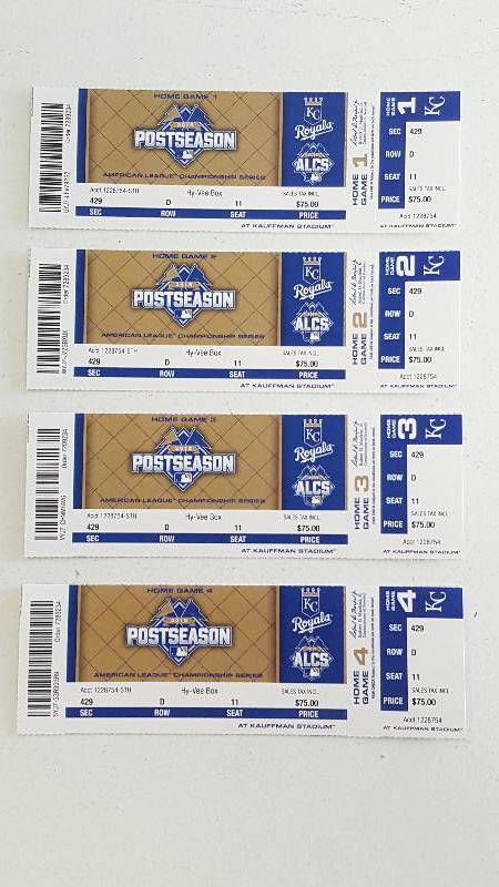 lot 2036A image: 2015 American League Championship Lot of 4 Full Tickets All Home Games Kansas City Royals