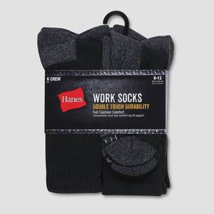 lot 41 image: Hanes Mens Work Crew Socks 6pk - Black 6-12