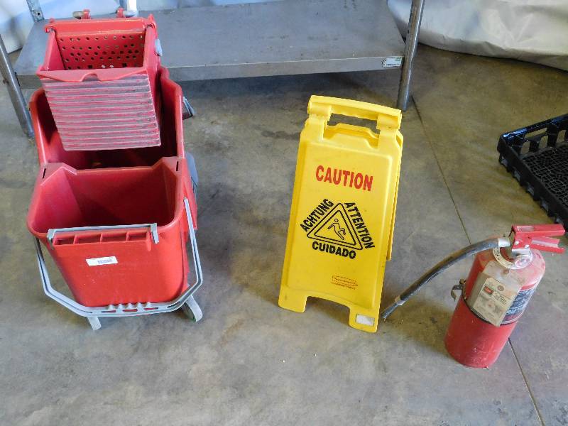 lot 667 image: Mop Bucket & Sign & Fire Extinguisher