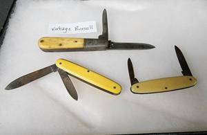 lot 184 image: Vintage Russell Double Blade Pocket Knife, Thornton USA Double Blade Pocket Knife, and AW Wadsworth & Son Double Blade Pocket Knife - Made in Germany