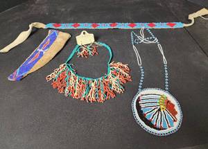 lot 193 image: Native American Knife Sheath, Hat Band, Necklace, and other Jewelry