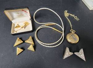 lot 195 image: Pocket Watch, Bolo Tie, Collar Tips, and Cuff Links