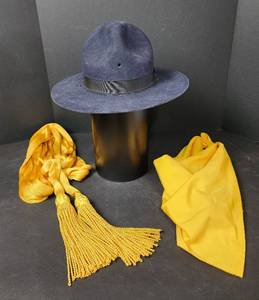 lot 205 image: County Mountie Hat, Size About 7 14, Silk Cavalry Officers Sash, and Bandana