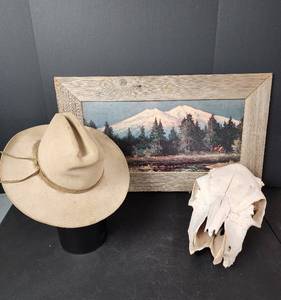 lot 218 image: Skull, Picture 30x17.5, and Cowboy Hat Decor