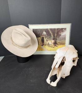 lot 219 image: Skull, Picture 20x16, and Cowboy Hat Decor