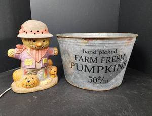 lot 224 image: Galvanized Pumpkin Bucket and Scarecrow Lamp (untested)