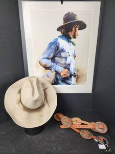 lot 230 image: New Dan Post Concho Belt, William Matthews Print, and Cowboy Hat Decor