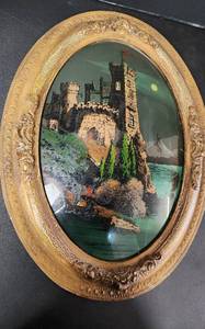 lot 101 image: Castle in Belgium Reverse Painted on Convex Glass in Oval Frame 19x25