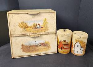 lot 121 image: Vintage Hand-painted Breadbox and (2) Canisters