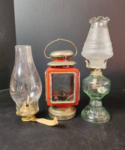 lot 149 image: Vintage Oil Lamp, Railroad Lantern (see pics for damage), and Oil Lamp Top