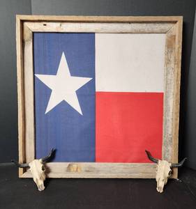 lot 160 image: Flag Picture 23.5x23.5 and Longhorn Skull Decor