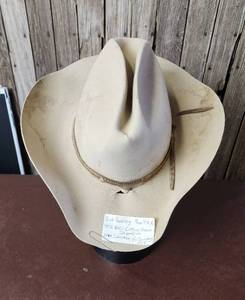 lot 9 image: Bud Sankeys (from Rose Hill, Ks) Stetson Cowboy Hat. 1972 National Cutting Horse Champion. 2014 - He was inducted into the KS Cowboy Hall of Fame.