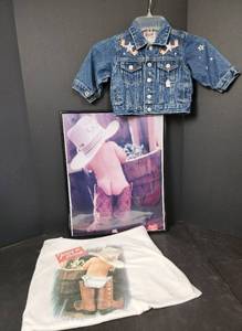 lot 248 image: Toddler Size Small Jean Jacket, Tony Lama Large T-shirt (needs washed), and Baby Bottom Picture 15x20