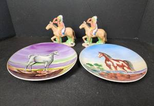lot 272 image: (2) Vintage Ceramic Indians (made in Japan) and (2) Collectors Plates