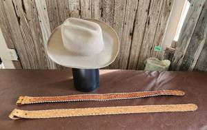 lot 312 image: Cowboy Hat (Bull Hide) (just needs cleaned and reshaped) and (2) 32 Leather Belts