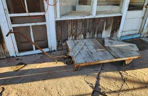 lot 390 image: Vintage Industrial Cart with Handle (cart 60x36x12) (has (2) removable boards screwed to top)