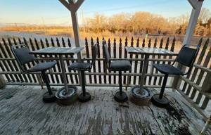 lot 391 image: Located in Upstairs Balcony (2) Bar Top Tables 20x29x43 and (4) Barstools 32 to Seat (Need TLC) (There are 2 more tables and 4 more chairs that need work if you want them)