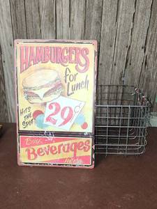 lot 395 image: Wire Basket 10x11x8 and Metal Sign 10x16