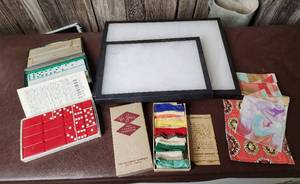 lot 407 image: (2) Display Cases, (2) NIB Dominos, Vintage Hi Jacs Glass Tumbler Sleeves, and more