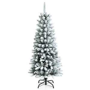 lot 1002 image: CostWay 4.5 ft. White Unlit Snow-Flocked Slim Hinged Artificial Christmas Tree
