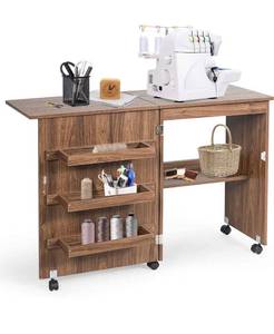 lot 1006 image: CostWay Folding Table for Sewing Machine with 4 Storage Shelves, Sewing Machine Cabinet with Wheels with Brakes
