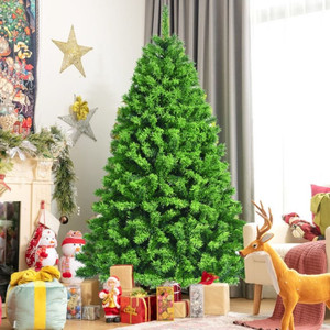 lot 1038 image: CostWay 6.5 Feet Pre-Lit Hinged Christmas Tree Green Flocked With 924 Tips And 370 Led Lights