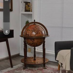 lot 4021 image: 24 in. Globe Wine Bar Stand Retro Brown 16th Century Italian Map Liquor Bottle Shelf Cart