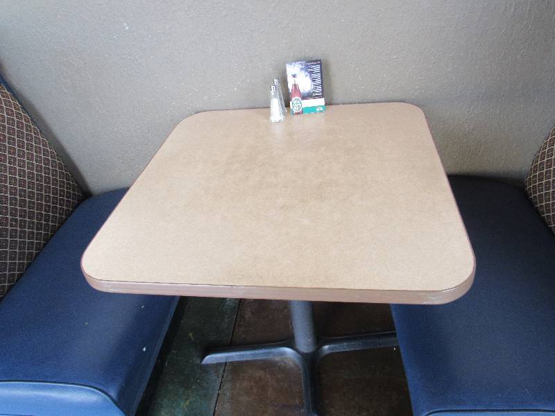 lot 1436 image: Light Tan Laminated Top Single Metal Base Dinning Table
