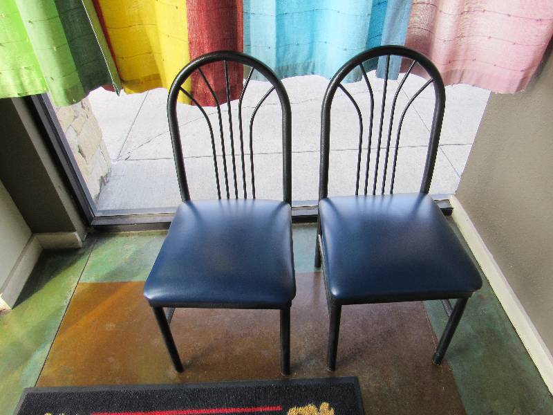 lot 1441 image: (2) Black Metal Framed Blue Padded Dinning Chairs