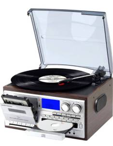 lot 54300 image: MUSITREND Record Player 9 in 1 3 Speed Bluetooth Vintage Turntable CD Cassette Vinyl Player AMFM Radio USBSD Encoding Aux-in RCA Line-Out (Silver)